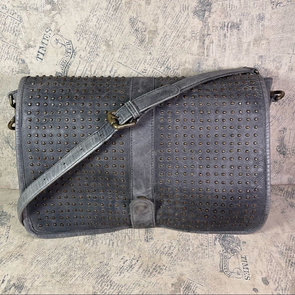 Platania Italian Leather Grey Studded Messenger Bag Boho Crossbody Shoulder